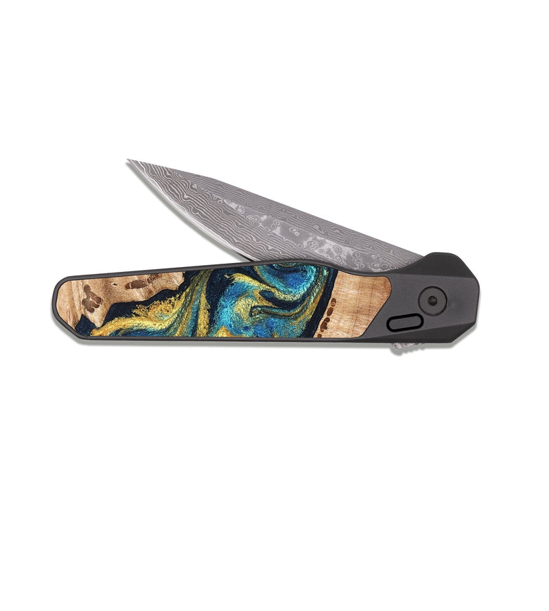 EDC Dark Damascus Wood Pocket Knife - Manuela (Teal & Gold, 826506)