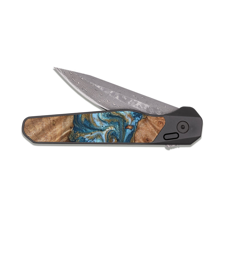 EDC Dark Damascus Wood Pocket Knife - Audrey (Teal & Gold, 826507)