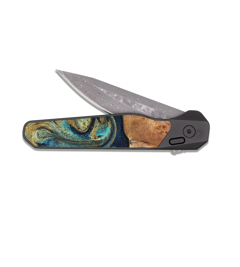 EDC Dark Damascus Wood Pocket Knife - Cain (Teal & Gold, 826508)