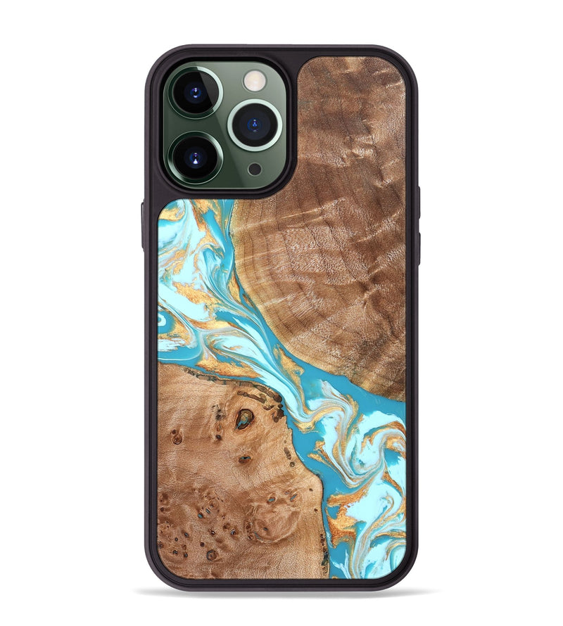 iPhone 13 Pro Max Wood Phone Case - Rusty (Teal & Gold, 826509)