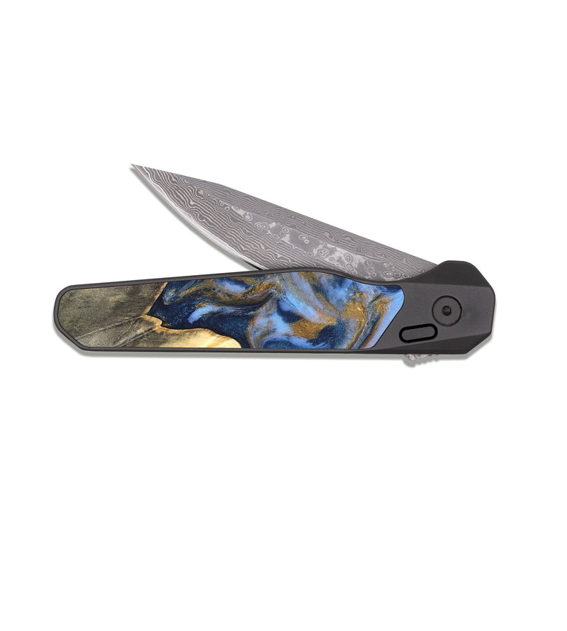 EDC Dark Damascus Wood Pocket Knife - Jeffrey (Teal & Gold, 826510)
