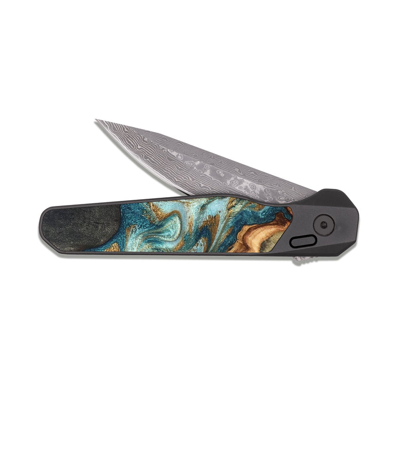 EDC Dark Damascus Wood Pocket Knife - Amara (Teal & Gold, 826511)