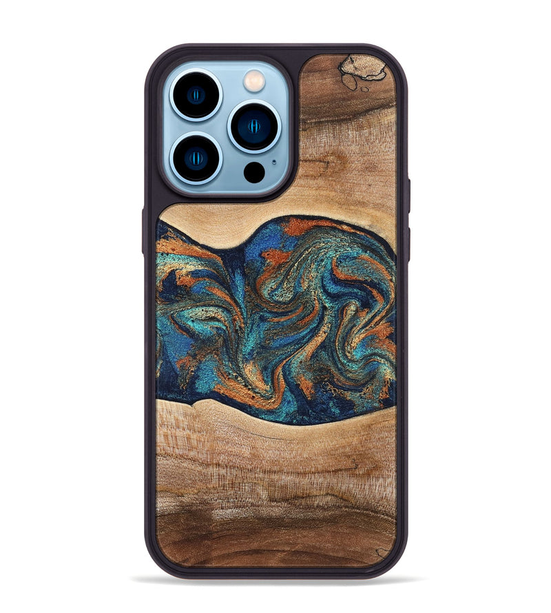 iPhone 14 Pro Max Wood Phone Case - Harlee (Teal & Gold, 826672)