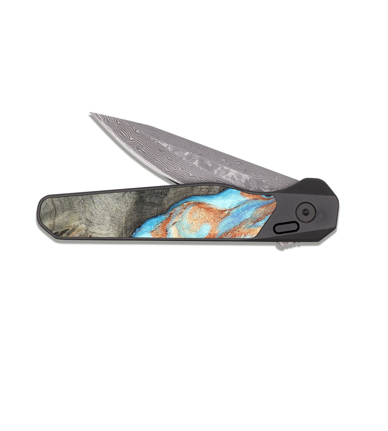 EDC Dark Damascus Wood Pocket Knife - Hank (Teal & Gold, 826673)