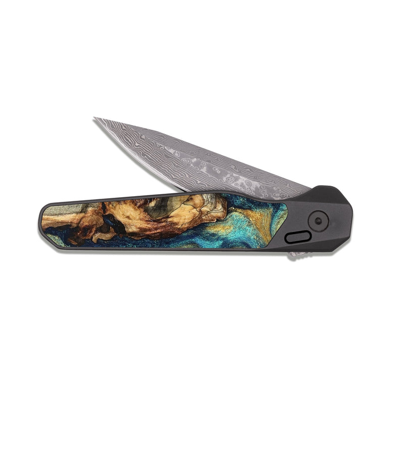 EDC Dark Damascus Wood Pocket Knife - Kevon (Teal & Gold, 826694)
