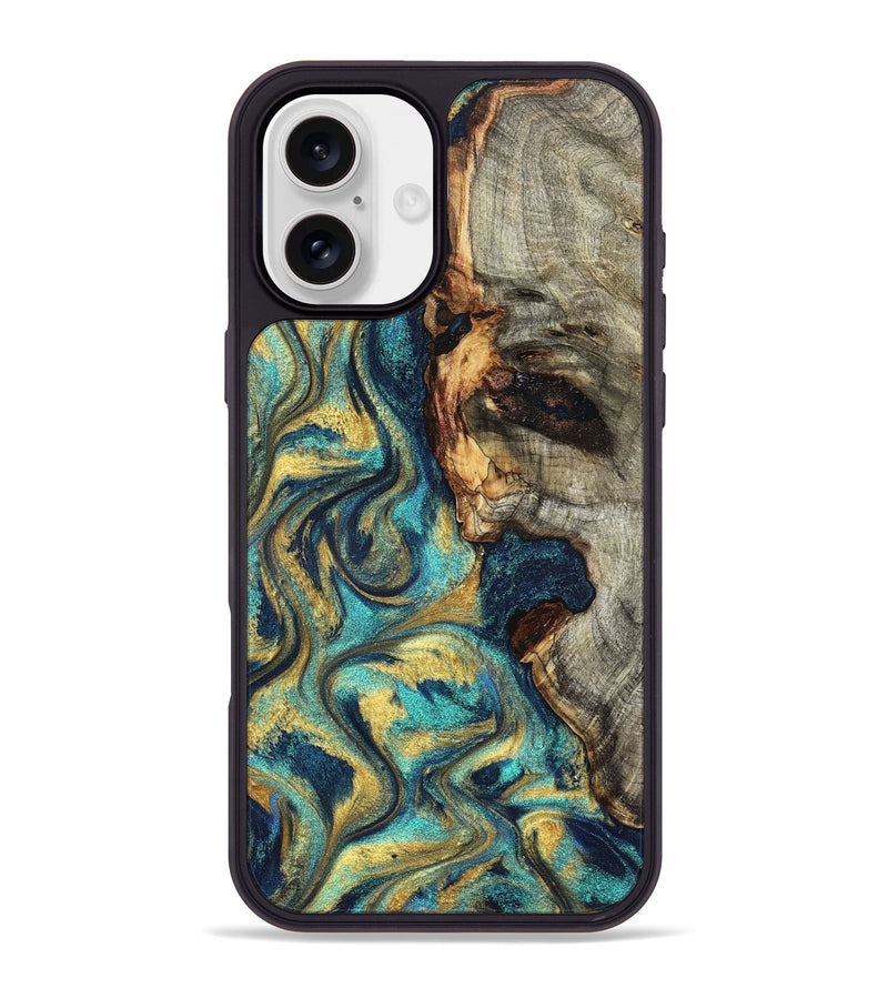 iPhone 16 Plus Wood Phone Case - Kevon (Teal & Gold, 826694)