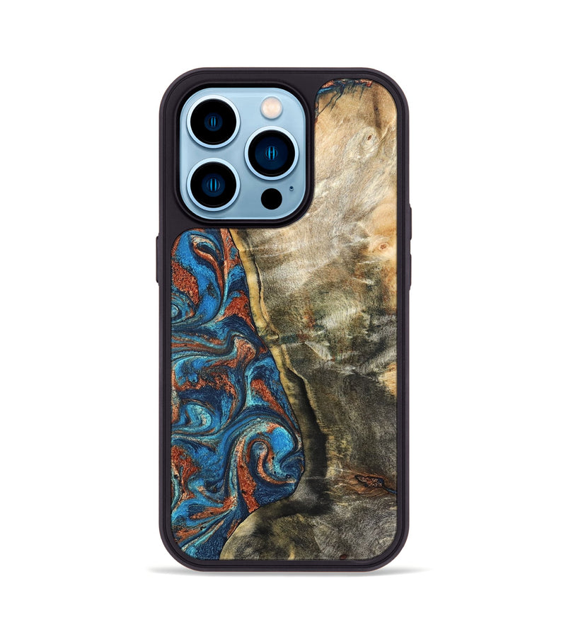 iPhone 14 Pro Wood Phone Case - Doretha (Teal & Gold, 826698)