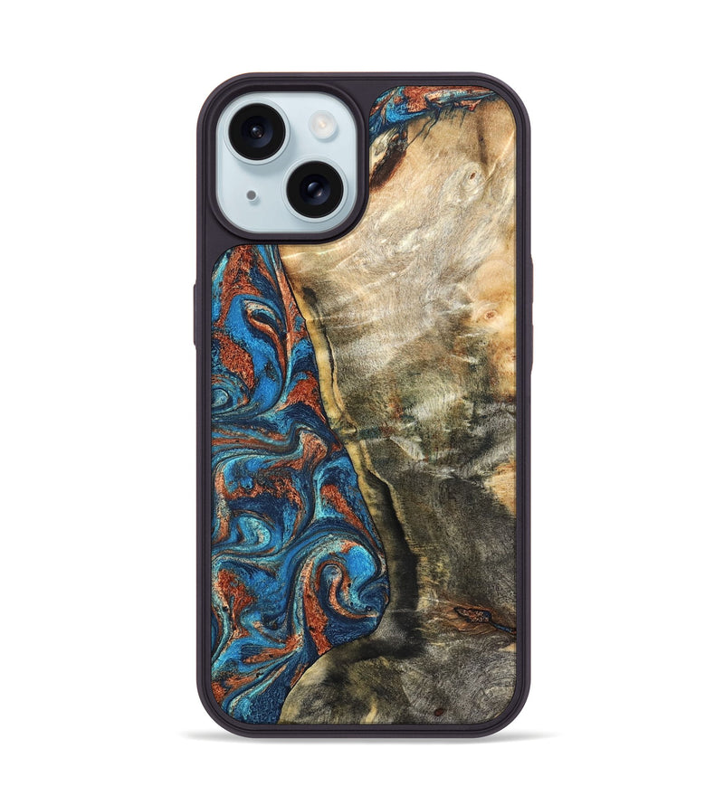 iPhone 15 Wood Phone Case - Doretha (Teal & Gold, 826698)