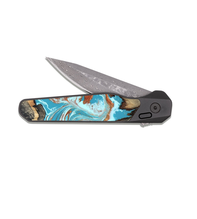 EDC Dark Damascus Wood Pocket Knife - Evette (Teal & Gold, 826699)