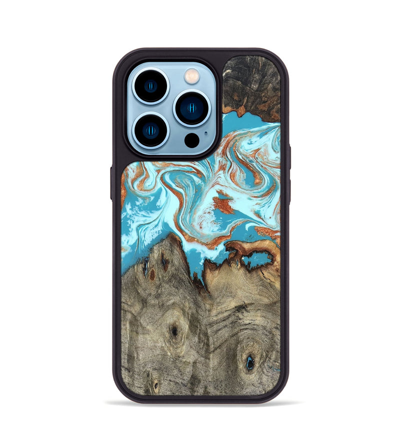 iPhone 14 Pro Wood Phone Case - Evette (Teal & Gold, 826699)