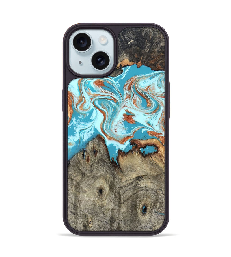 iPhone 15 Wood Phone Case - Evette (Teal & Gold, 826699)