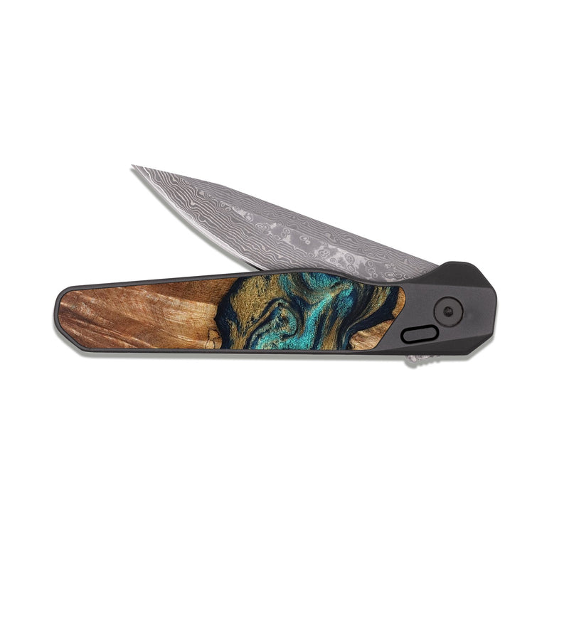 EDC Dark Damascus Wood Pocket Knife - Rolla (Teal & Gold, 826701)