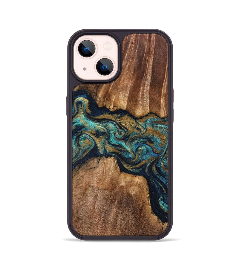iPhone 14 Wood Phone Case - Rolla (Teal & Gold, 826701)