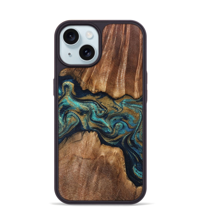 iPhone 15 Wood Phone Case - Rolla (Teal & Gold, 826701)