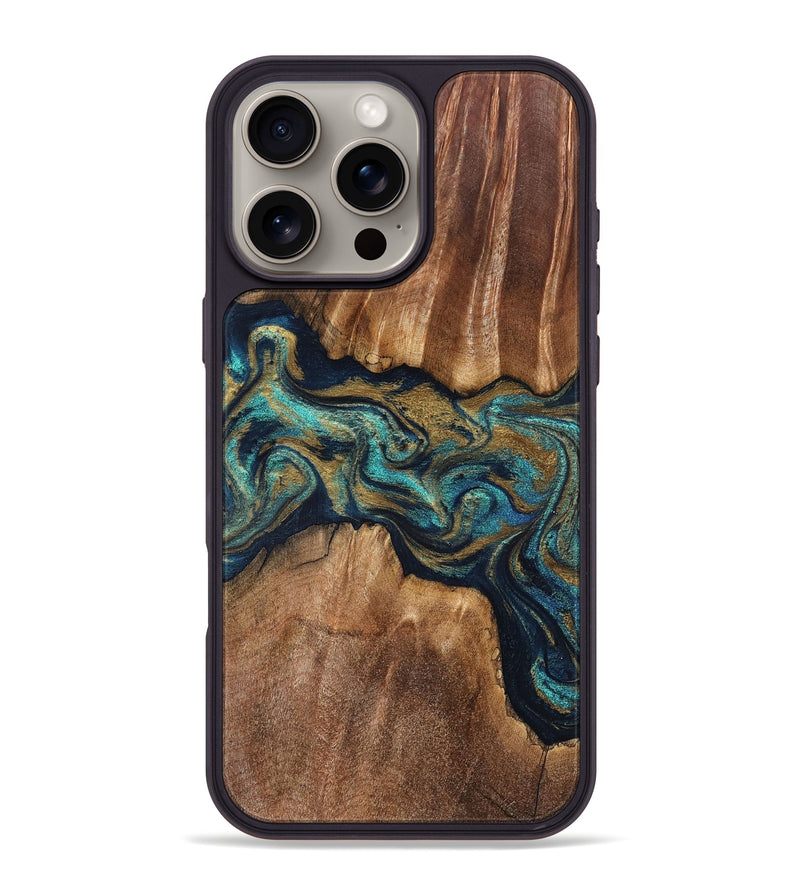 iPhone 16 Pro Max Wood Phone Case - Rolla (Teal & Gold, 826701)
