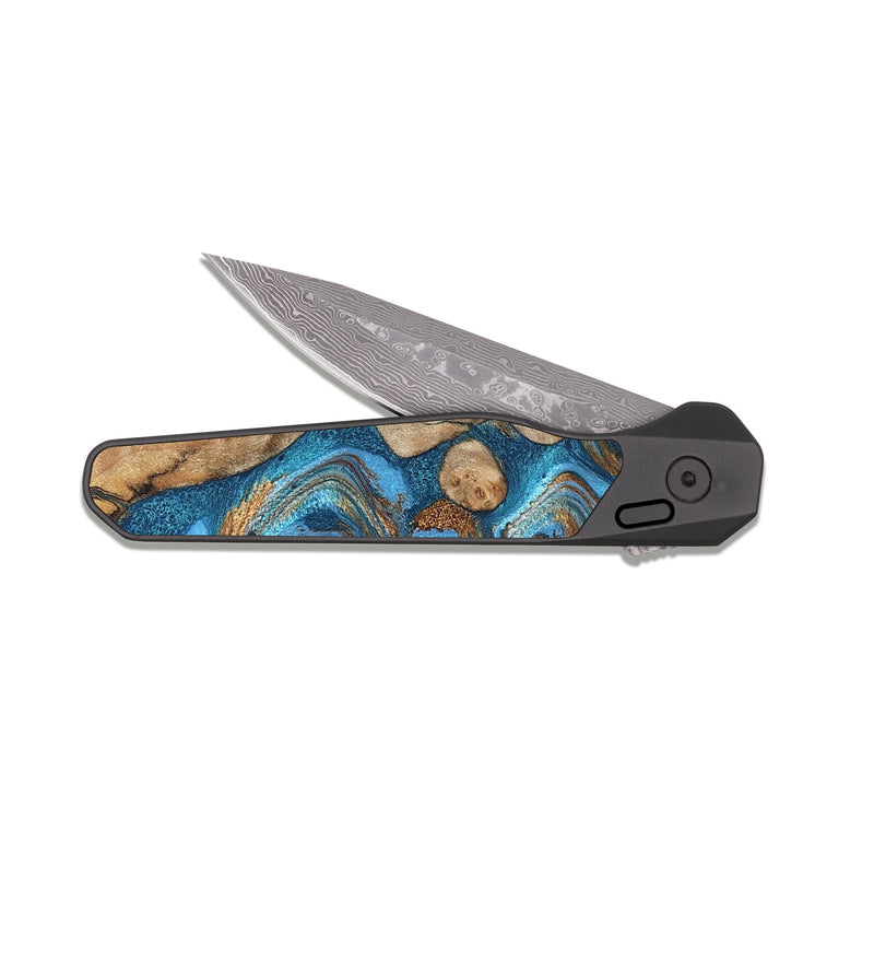 EDC Dark Damascus Wood Pocket Knife - Adriane (Teal & Gold, 826702)