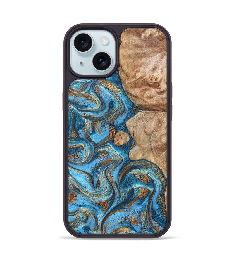 iPhone 15 Wood Phone Case - Adriane (Teal & Gold, 826702)