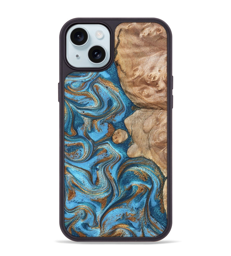 iPhone 15 Plus Wood Phone Case - Adriane (Teal & Gold, 826702)