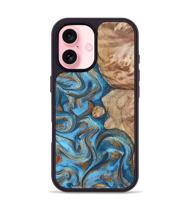iPhone 16 Wood Phone Case - Adriane (Teal & Gold, 826702)
