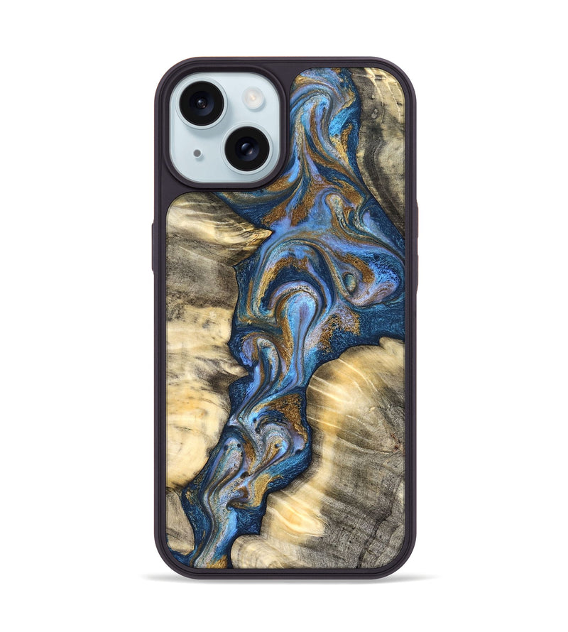 iPhone 15 Wood Phone Case - Arjun (Teal & Gold, 827051)