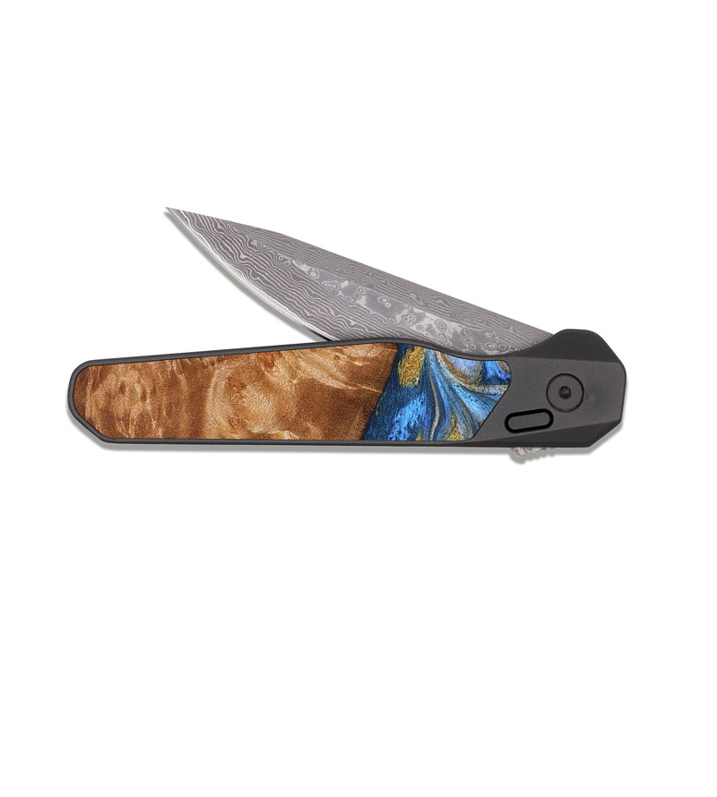 EDC Dark Damascus Wood Pocket Knife - Samir (Teal & Gold, 827053)