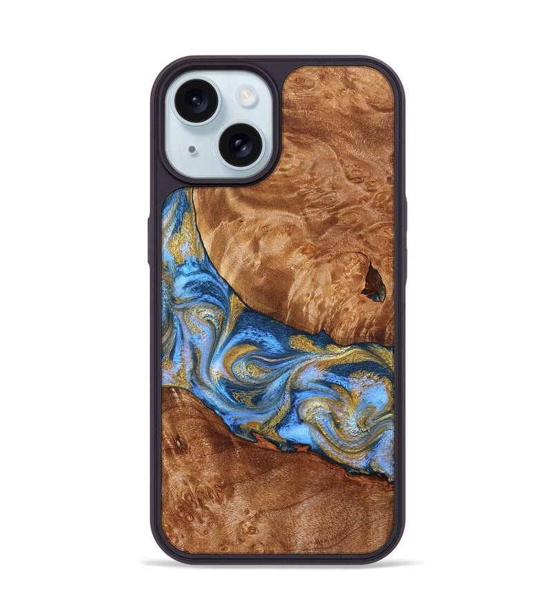 iPhone 15 Wood Phone Case - Samir (Teal & Gold, 827053)