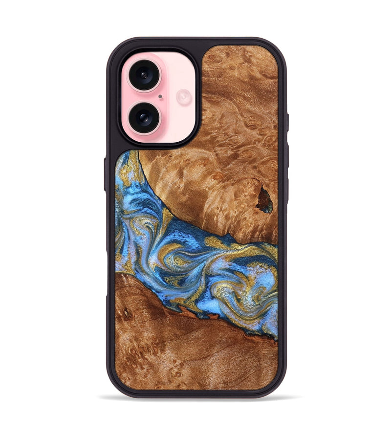 iPhone 16 Wood Phone Case - Samir (Teal & Gold, 827053)