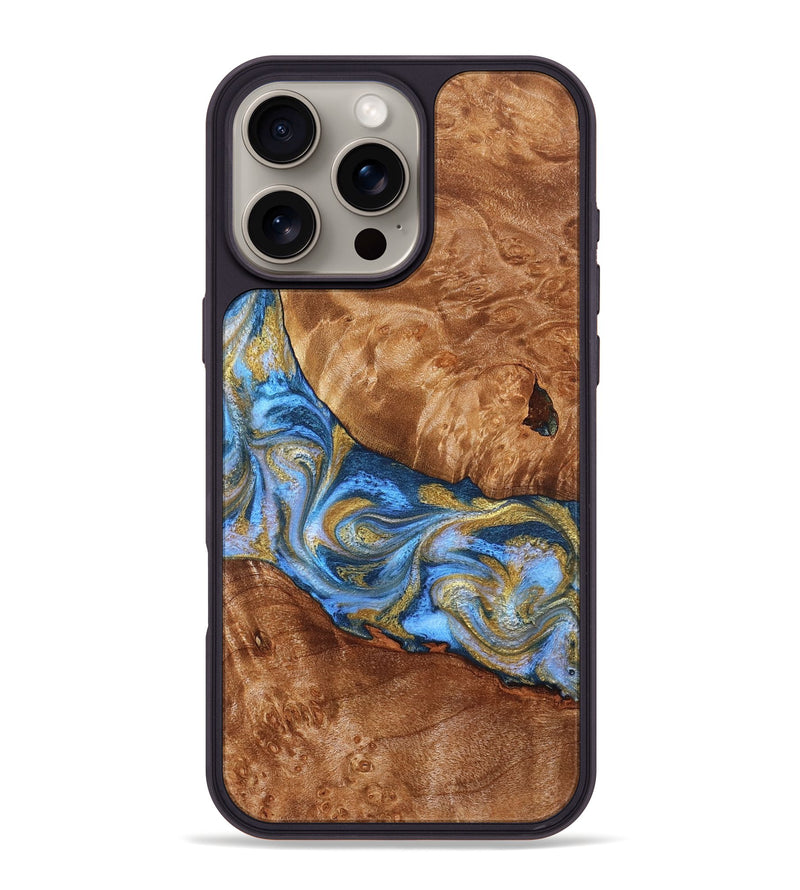 iPhone 16 Pro Max Wood Phone Case - Samir (Teal & Gold, 827053)