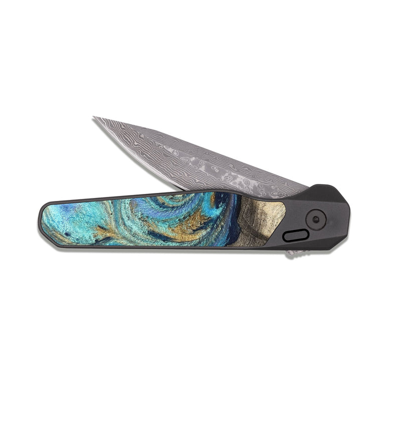 EDC Dark Damascus Wood Pocket Knife - Kairo (Teal & Gold, 827057)