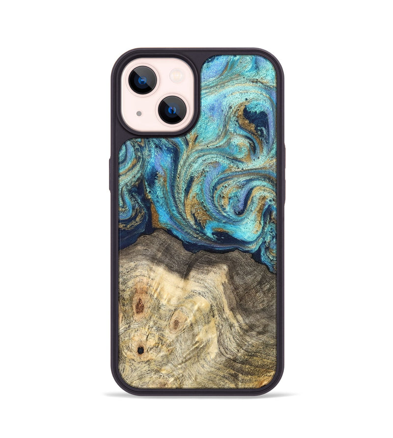 iPhone 14 Wood Phone Case - Kairo (Teal & Gold, 827057)