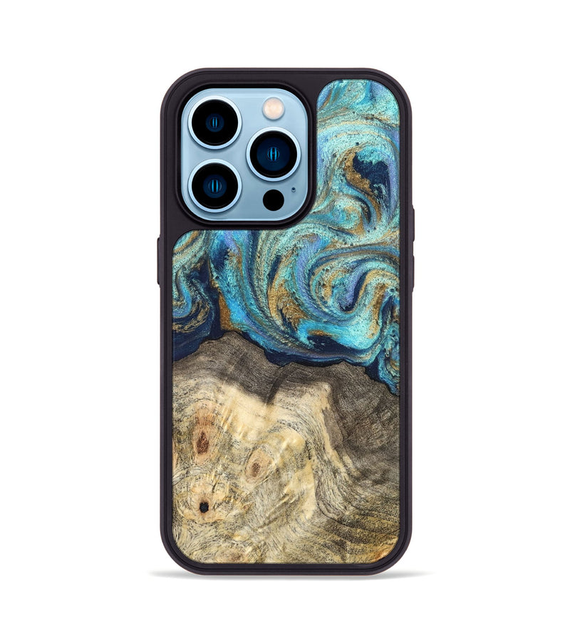 iPhone 14 Pro Wood Phone Case - Kairo (Teal & Gold, 827057)