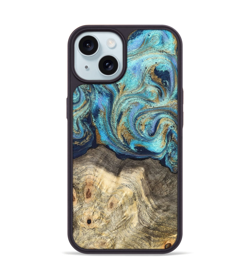 iPhone 15 Wood Phone Case - Kairo (Teal & Gold, 827057)