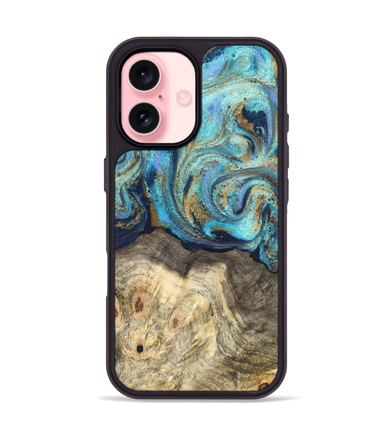 iPhone 16 Wood Phone Case - Kairo (Teal & Gold, 827057)
