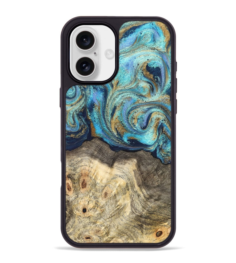 iPhone 16 Plus Wood Phone Case - Kairo (Teal & Gold, 827057)