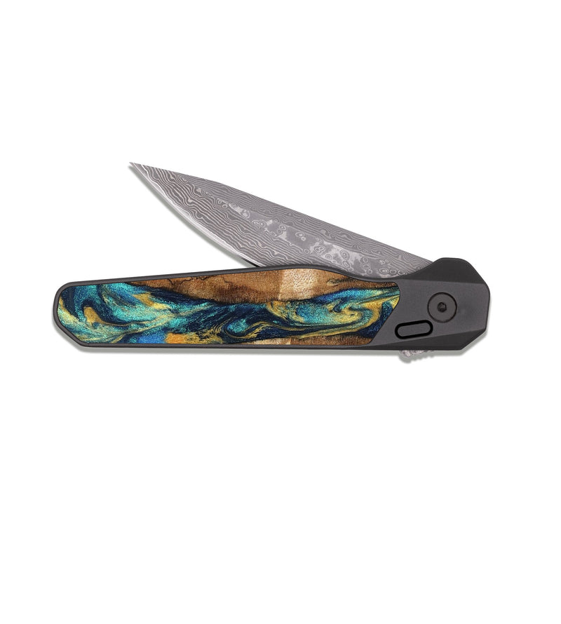 EDC Dark Damascus Wood Pocket Knife - Sybil (Teal & Gold, 827061)