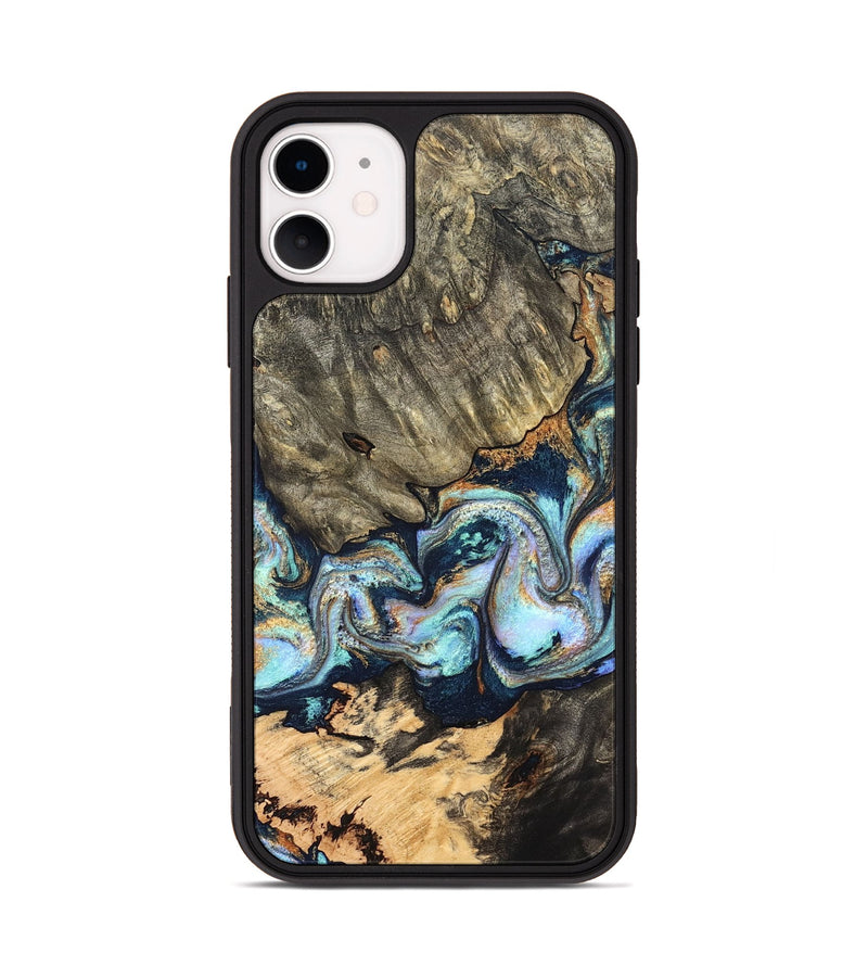 iPhone 11 Wood Phone Case - German (Teal & Gold, 827062)
