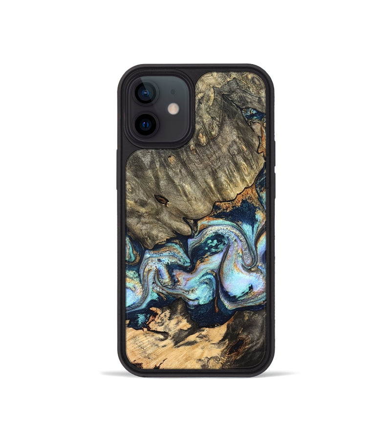 iPhone 12 mini Wood Phone Case - German (Teal & Gold, 827062)