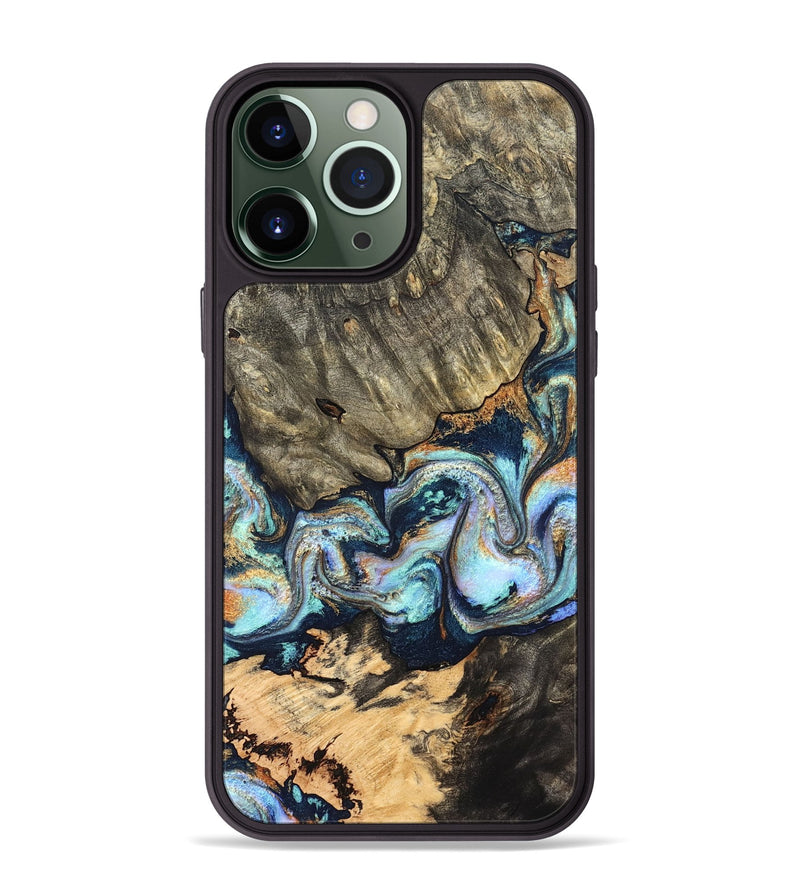iPhone 13 Pro Max Wood Phone Case - German (Teal & Gold, 827062)