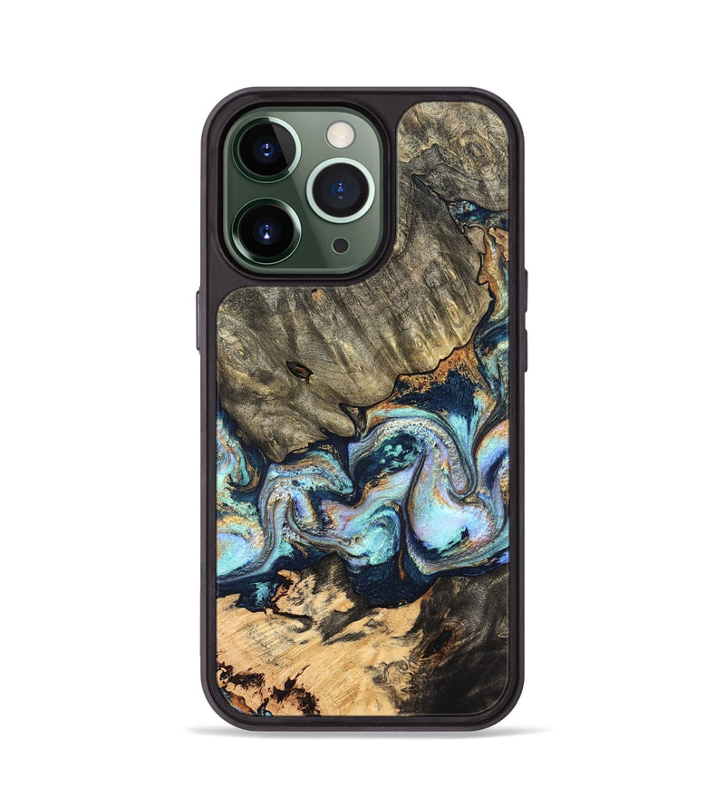 iPhone 13 Pro Wood Phone Case - German (Teal & Gold, 827062)