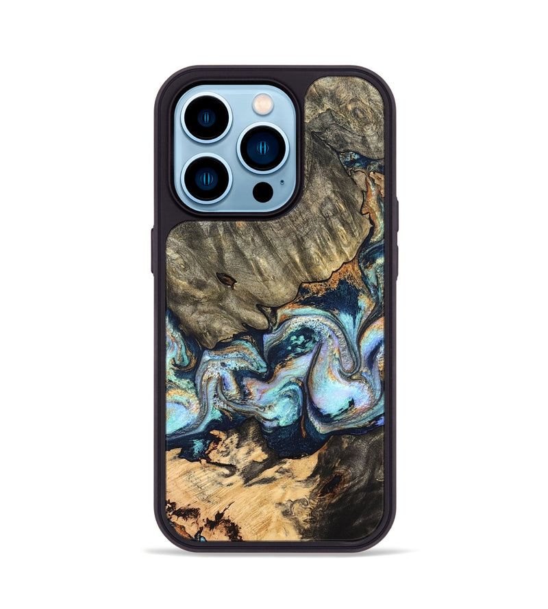 iPhone 14 Pro Wood Phone Case - German (Teal & Gold, 827062)