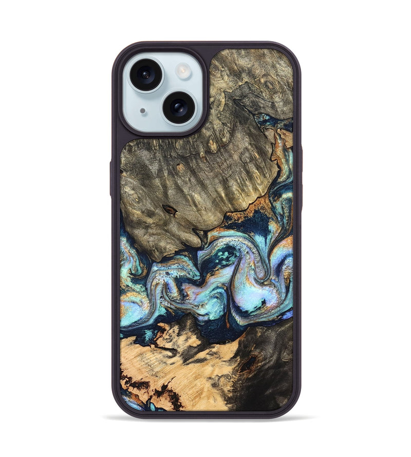 iPhone 15 Wood Phone Case - German (Teal & Gold, 827062)