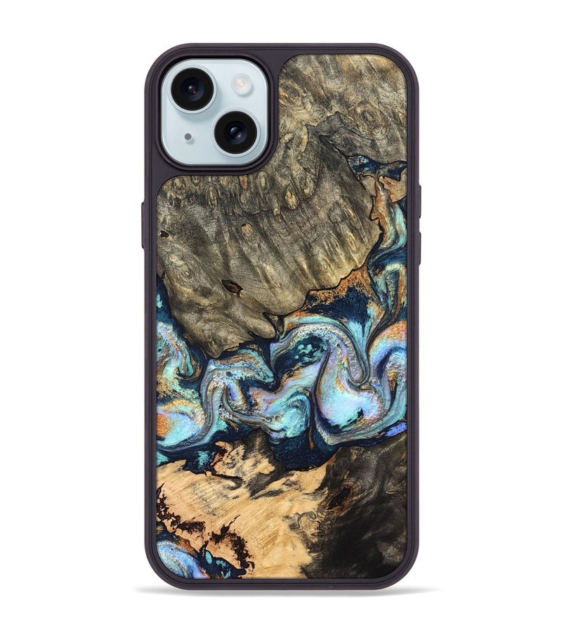 iPhone 15 Plus Wood Phone Case - German (Teal & Gold, 827062)