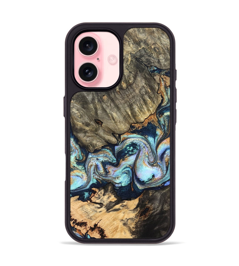 iPhone 16 Wood Phone Case - German (Teal & Gold, 827062)