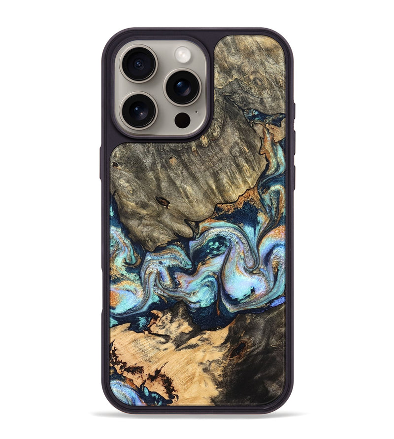 iPhone 16 Pro Max Wood Phone Case - German (Teal & Gold, 827062)