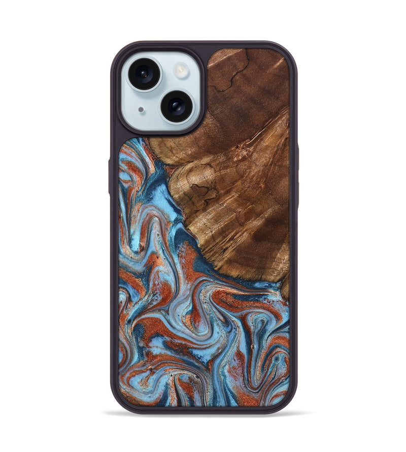 iPhone 15 Wood Phone Case - Iker (Teal & Gold, 827063)