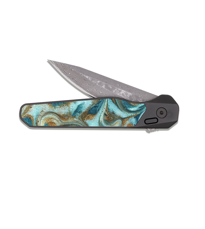 EDC Dark Damascus ResinArt Pocket Knife - Arron (Teal & Gold, 827064)