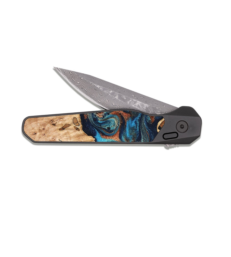 EDC Dark Damascus Wood Pocket Knife - Olen (Teal & Gold, 827067)
