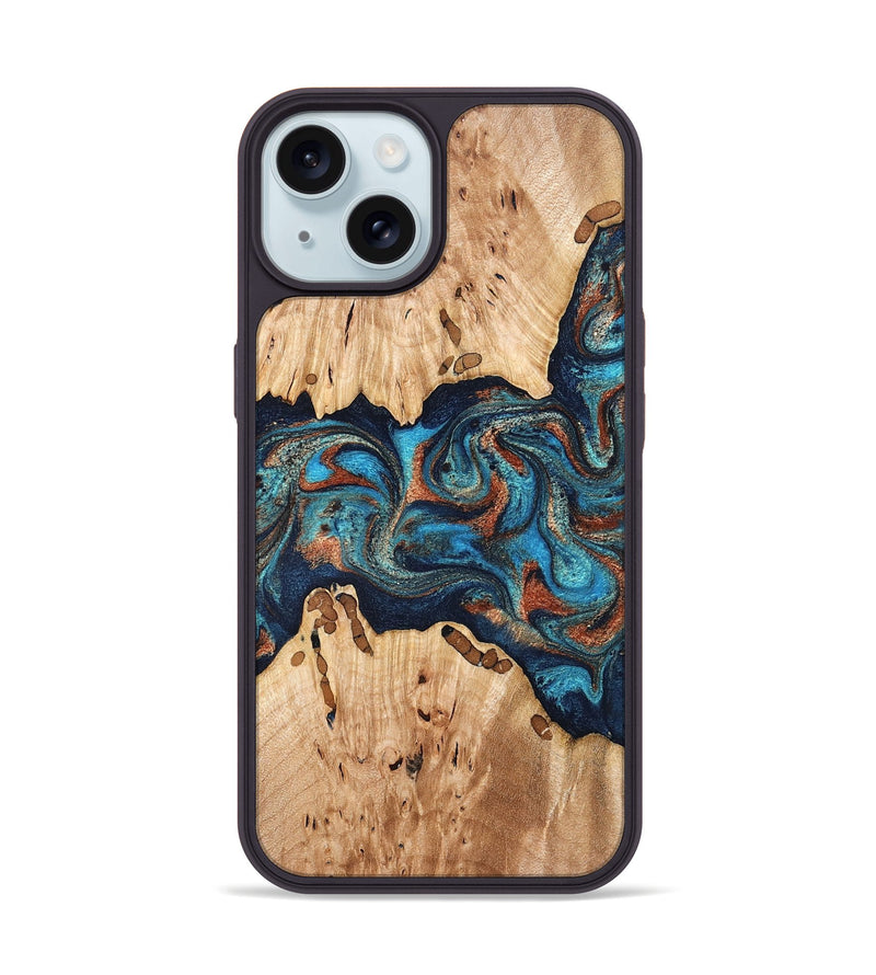 iPhone 15 Wood Phone Case - Olen (Teal & Gold, 827067)