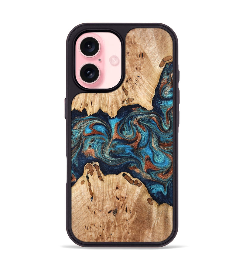 iPhone 16 Wood Phone Case - Olen (Teal & Gold, 827067)
