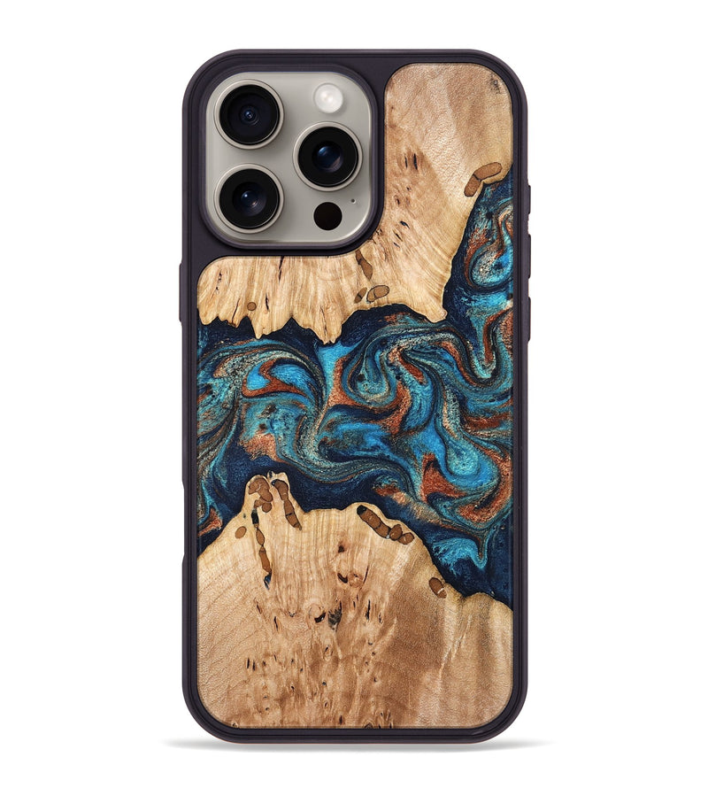 iPhone 16 Pro Max Wood Phone Case - Olen (Teal & Gold, 827067)